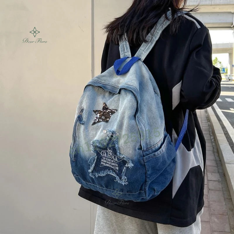 Y2K Korean Casual Denim Backpack Fashion Star Pattern Large Capacity Student Schoolbag Teenagers Vintage Punk Travel Book Bag