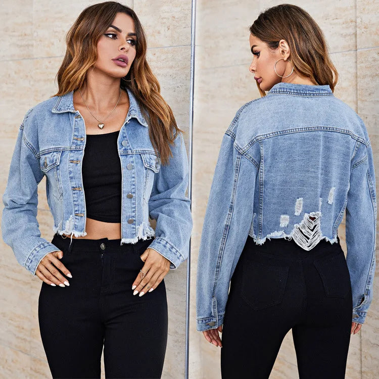 European and American Women's Outerwear Fashion Denim Jacket Hole Torn Wish Short Casual Street Clothing Denim Jacket