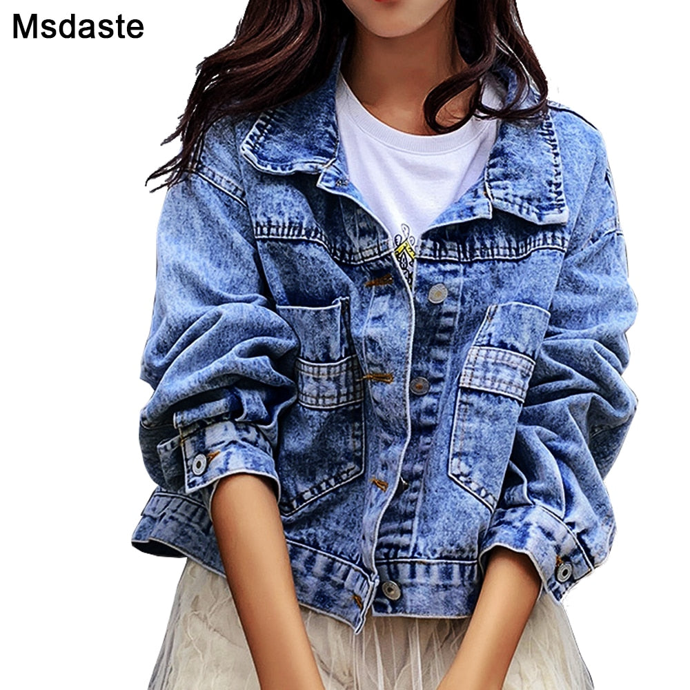 Autumn Long Sleeve Jaqueta Tops Loose Vintage Denim Jacket