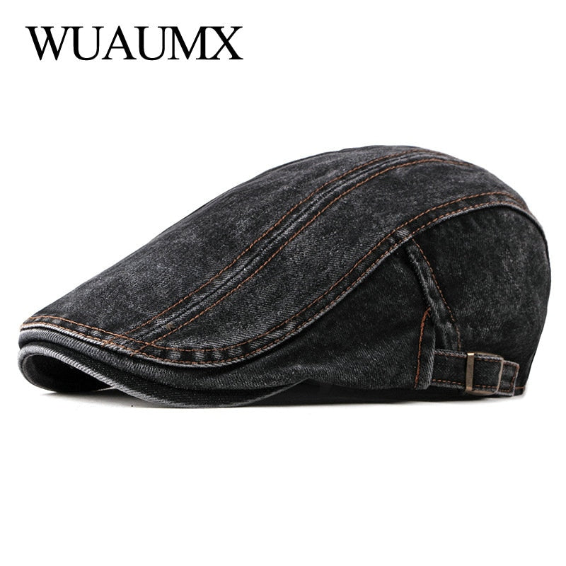 Wuaumx Casual Spring Summer Berets Hat Men Women Denim Newsboy Caps Visors Cotton Cabbie Herringbone Cap Duckbill Ivy Flat Cap